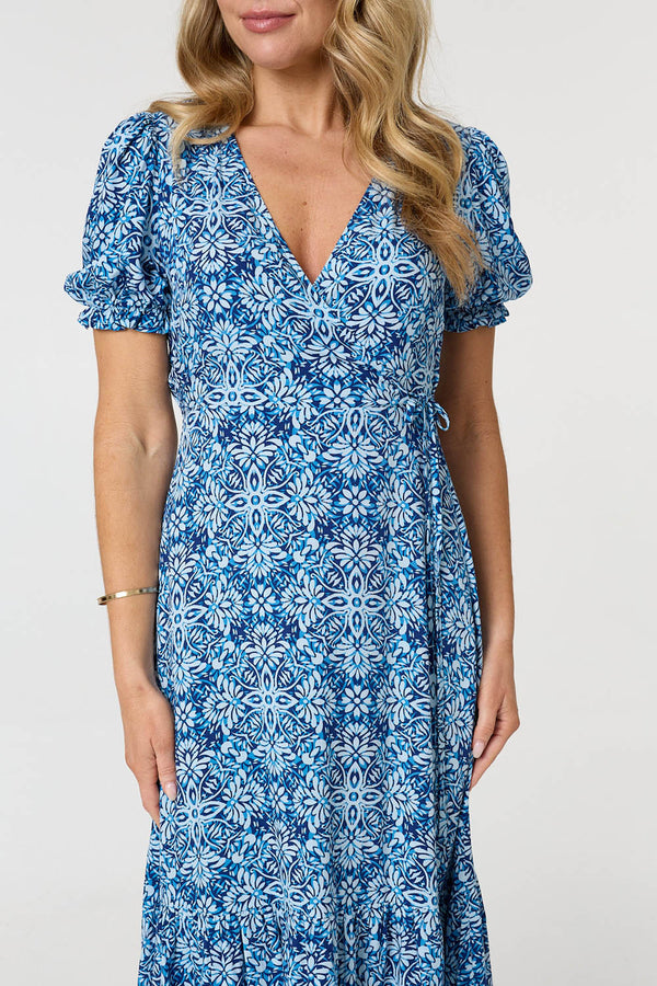 Blue | Printed Short Puff Sleeve Tie Midi Dress