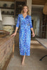 Blue | Animal Print 3/4 Sleeve Midi Wrap Dress : Model is 5'10