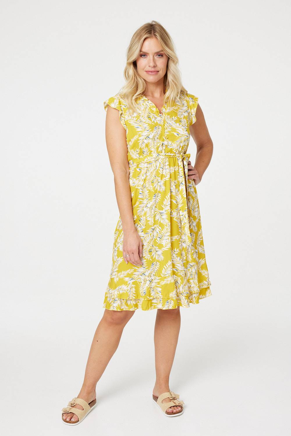 Yellow | Leaf Print Tie Waist Short Dress