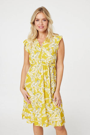 Yellow | Leaf Print Tie Waist Short Dress
