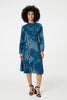 Blue | Leopard Print Long Sleeve Midi Dress