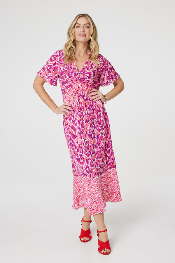 Pink | Printed Knot Front Midi Tea Dress : Model is 5'10"/178 cm and wears UK8/EU36/US4/AUS8