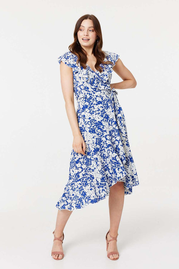 Blue | Printed Tie Waist Midi Wrap Dress