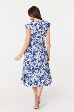 Blue | Printed Tie Waist Midi Wrap Dress