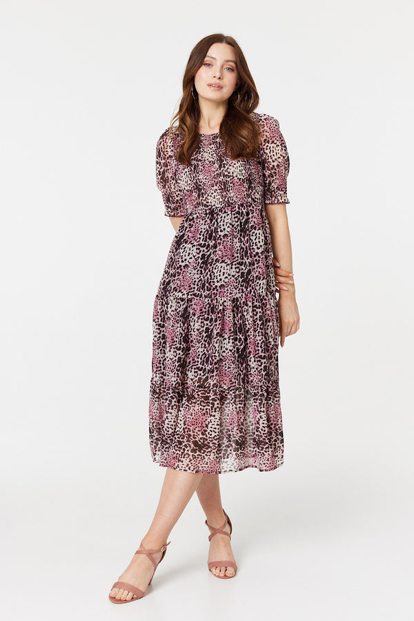 Pink | Animal Print Midi Smock Dress