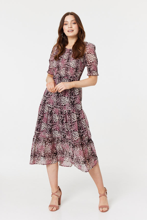Pink | Animal Print Midi Smock Dress