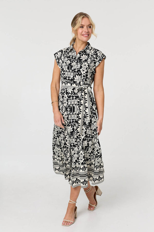 Black | Floral Cap Sleeve Tie Midi Shirt Dress