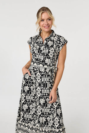 Black | Floral Cap Sleeve Tie Midi Shirt Dress