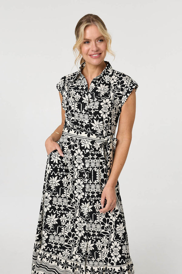 Black | Floral Cap Sleeve Tie Midi Shirt Dress