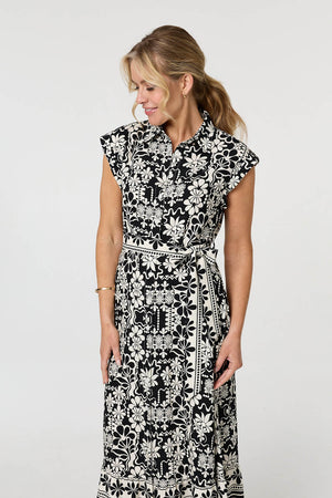 Black | Floral Cap Sleeve Tie Midi Shirt Dress