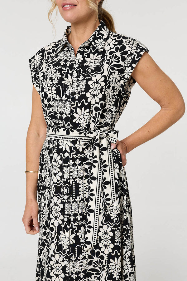 Black | Floral Cap Sleeve Tie Midi Shirt Dress