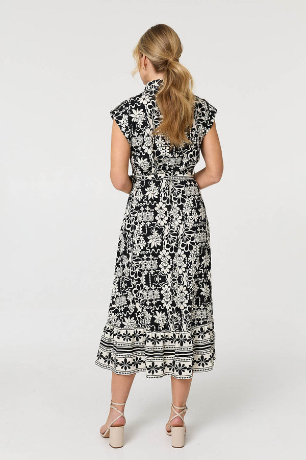 Black | Floral Cap Sleeve Tie Midi Shirt Dress