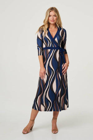 Blue | Striped 3/4 Sleeve Midi Wrap Dress : Model is 5'10