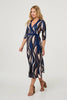 Blue | Striped 3/4 Sleeve Midi Wrap Dress

