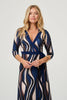 Blue | Striped 3/4 Sleeve Midi Wrap Dress

