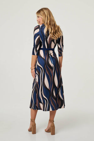 Blue | Striped 3/4 Sleeve Midi Wrap Dress
