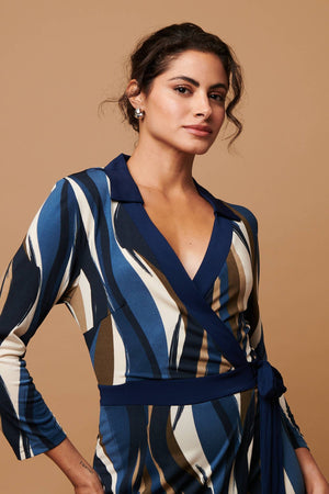 Blue | Striped 3/4 Sleeve Midi Wrap Dress
