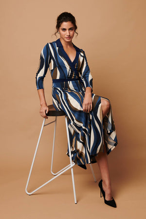 Blue | Striped 3/4 Sleeve Midi Wrap Dress
