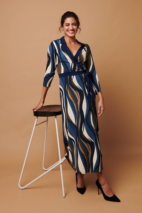 Blue | Striped 3/4 Sleeve Midi Wrap Dress : Model is 5'8"/172 cm and wears UK8/EU36/US4/AUS8