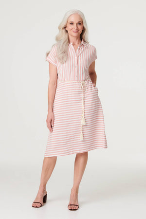 Pink | Striped Tie Waist Knee Length Dress