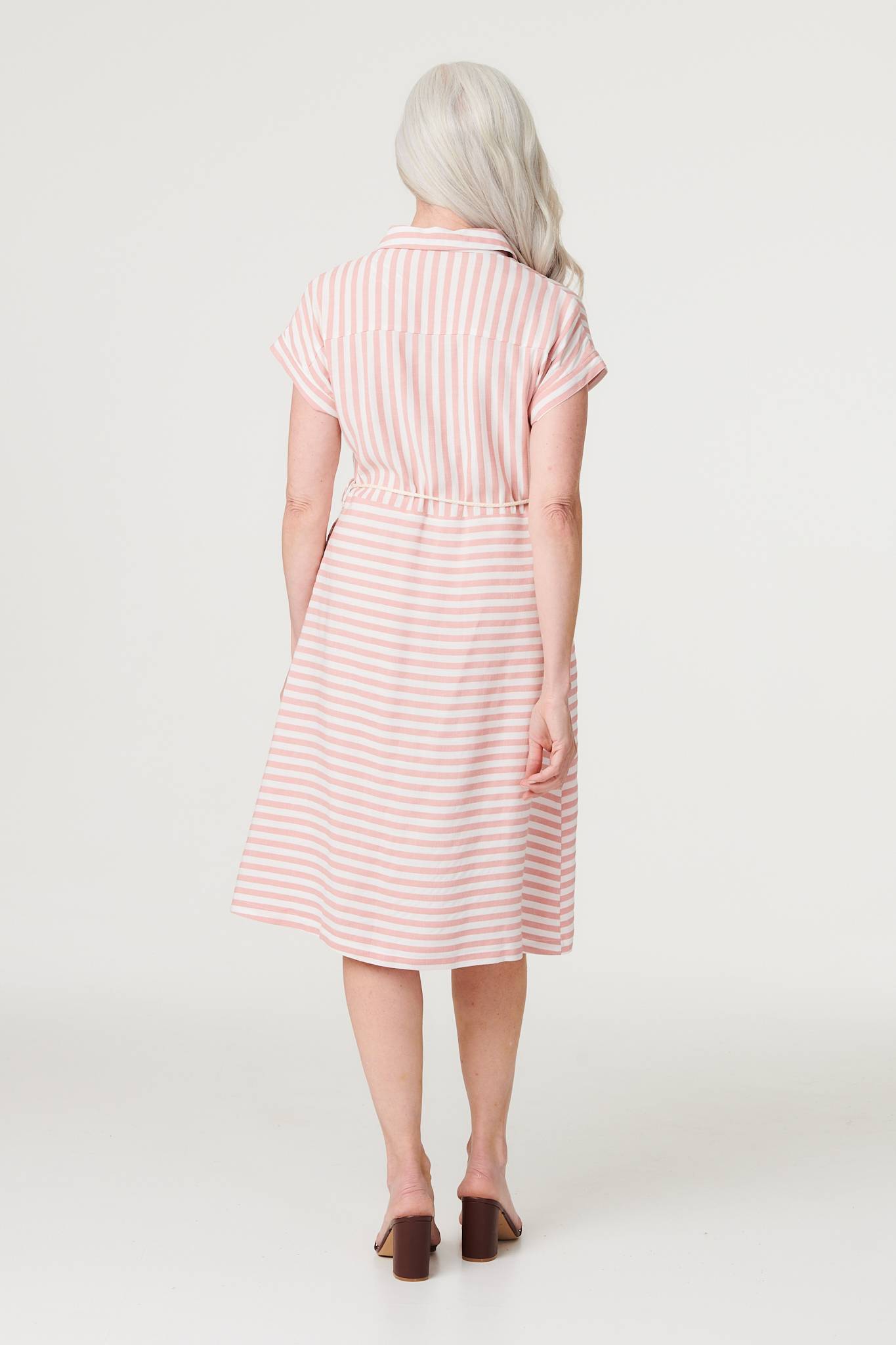 Pink | Striped Tie Waist Knee Length Dress
