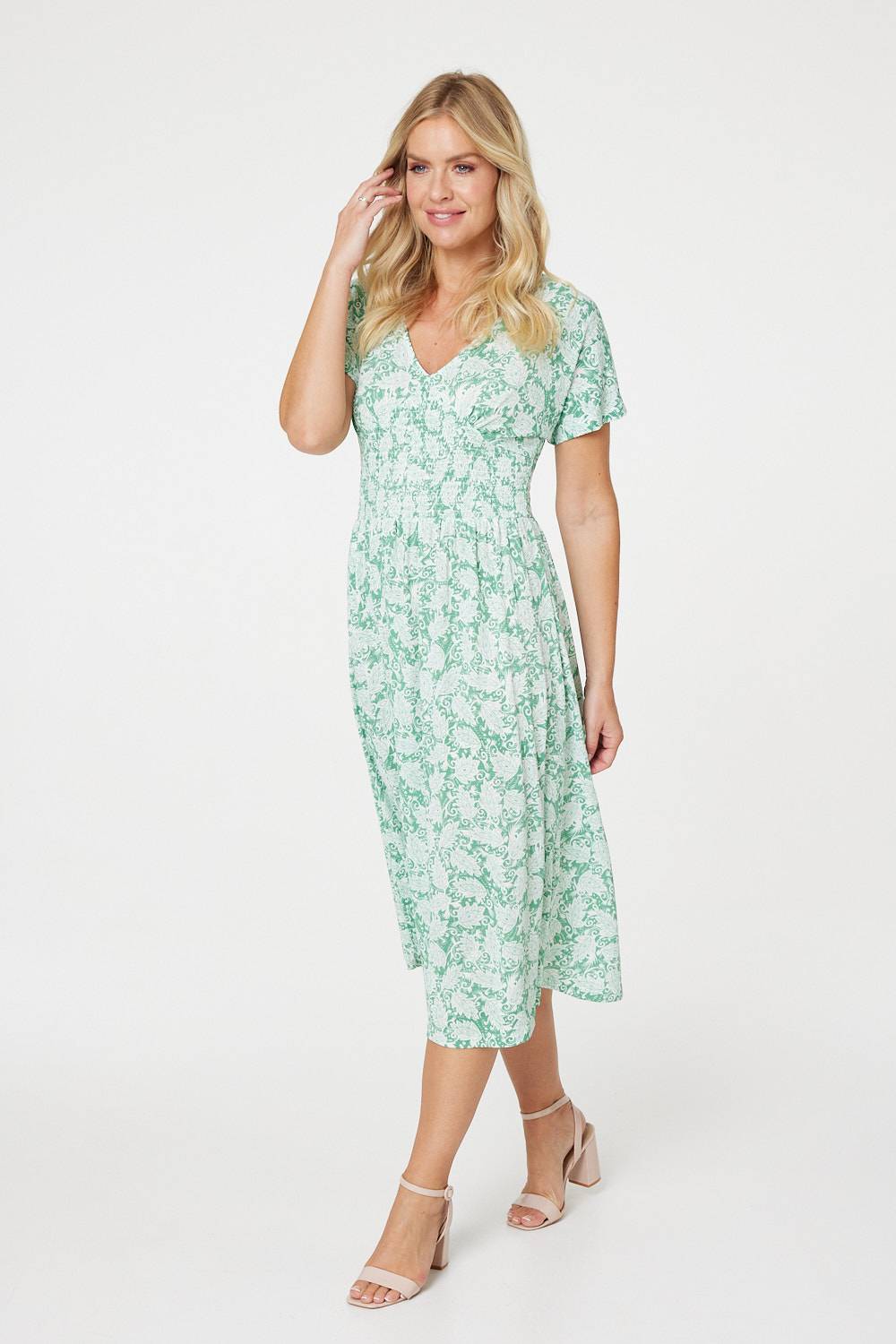 Green | Paisley Shirred Detail Midi Dress