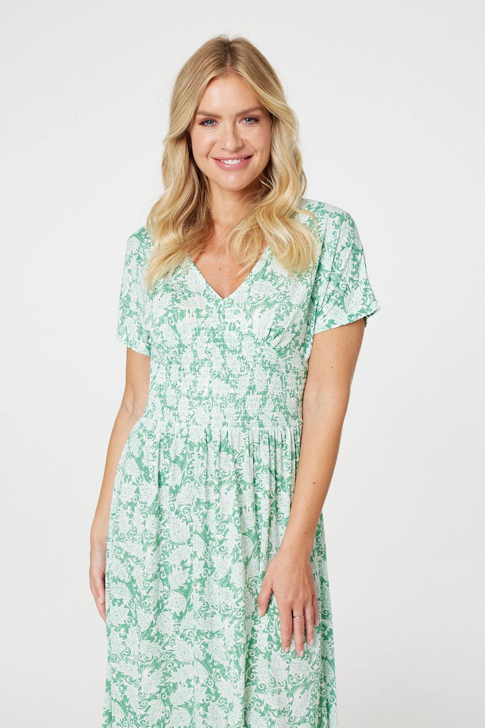 Green | Paisley Shirred Detail Midi Dress