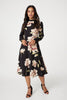Black | Floral Long Sleeved Midi Tea Dress