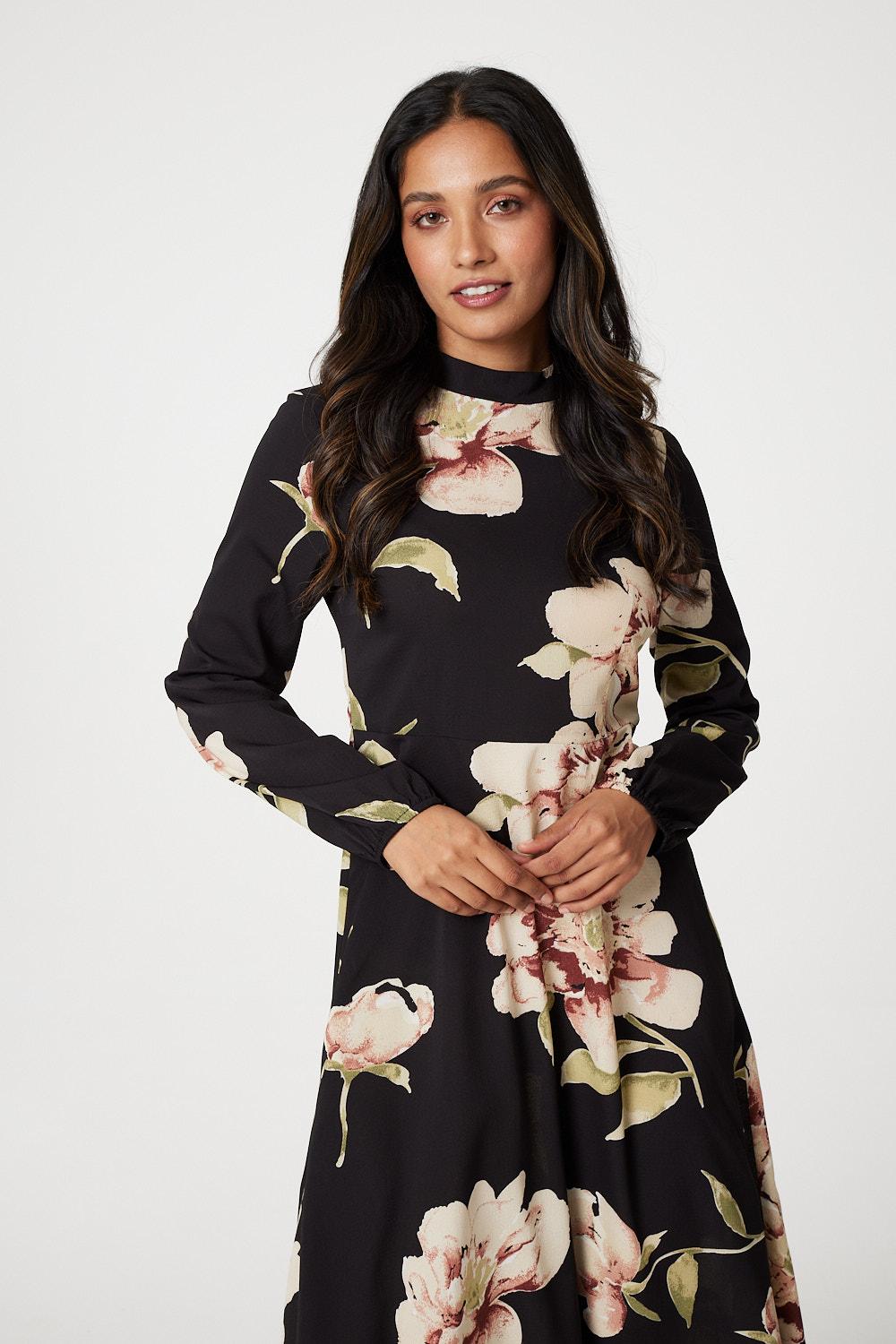 Black | Floral Long Sleeved Midi Tea Dress