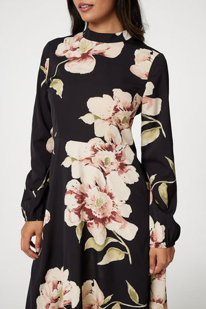 Black | Floral Long Sleeved Midi Tea Dress