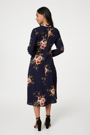 Navy | Vintage Floral High Neck Dress