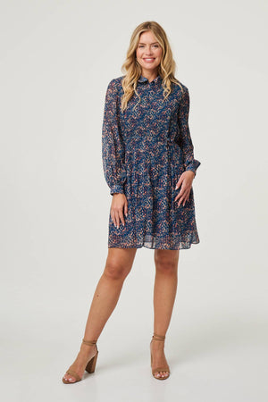 Teal | Printed Collared Short Tie Waist Dress
