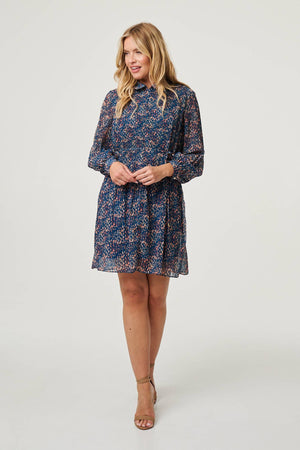 Teal | Printed Collared Short Tie Waist Dress
