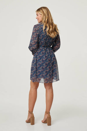Teal | Printed Collared Short Tie Waist Dress
