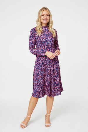 Blue | Leopard Print High Neck Tea Dress : Model is 5'10"/178 cm and wears UK8/EU36/US4/AUS8
