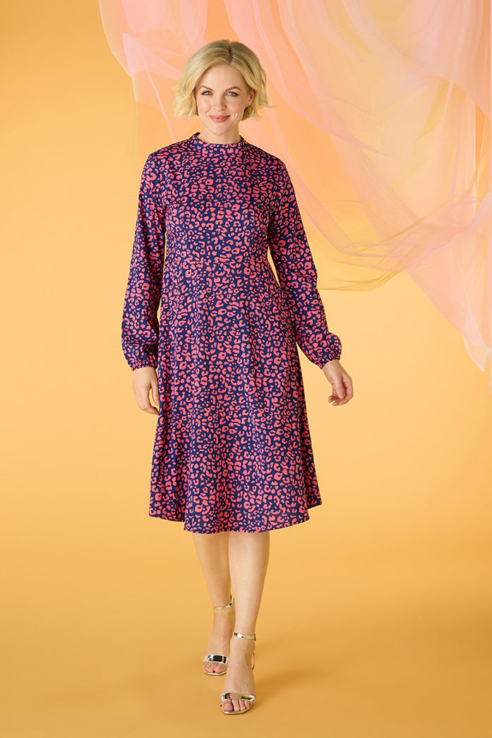 Blue | Leopard Print High Neck Tea Dress : Model is 5'10"/178 cm and wears UK10/EU38/US6/AUS10