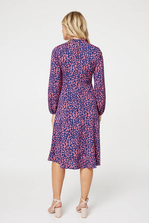Blue | Leopard Print High Neck Tea Dress