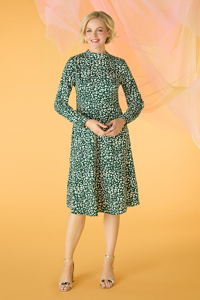Green | Leopard Print High Neck Tea Dress