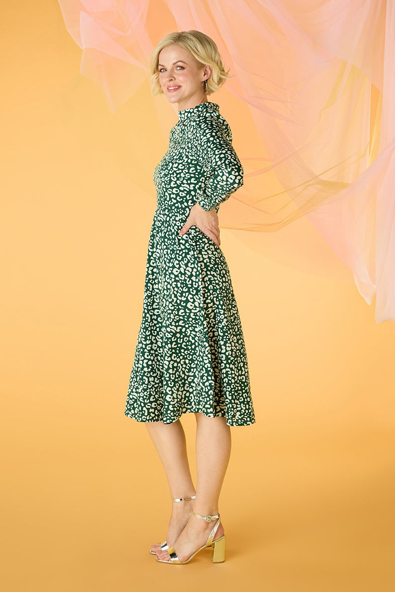 Green | Leopard Print High Neck Tea Dress : Model is 5'10"/178 cm and wears UK10/EU38/US6/AUS10