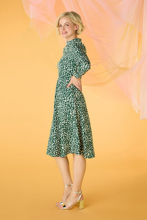 Green | Leopard Print High Neck Tea Dress : Model is 5'10"/178 cm and wears UK10/EU38/US6/AUS10