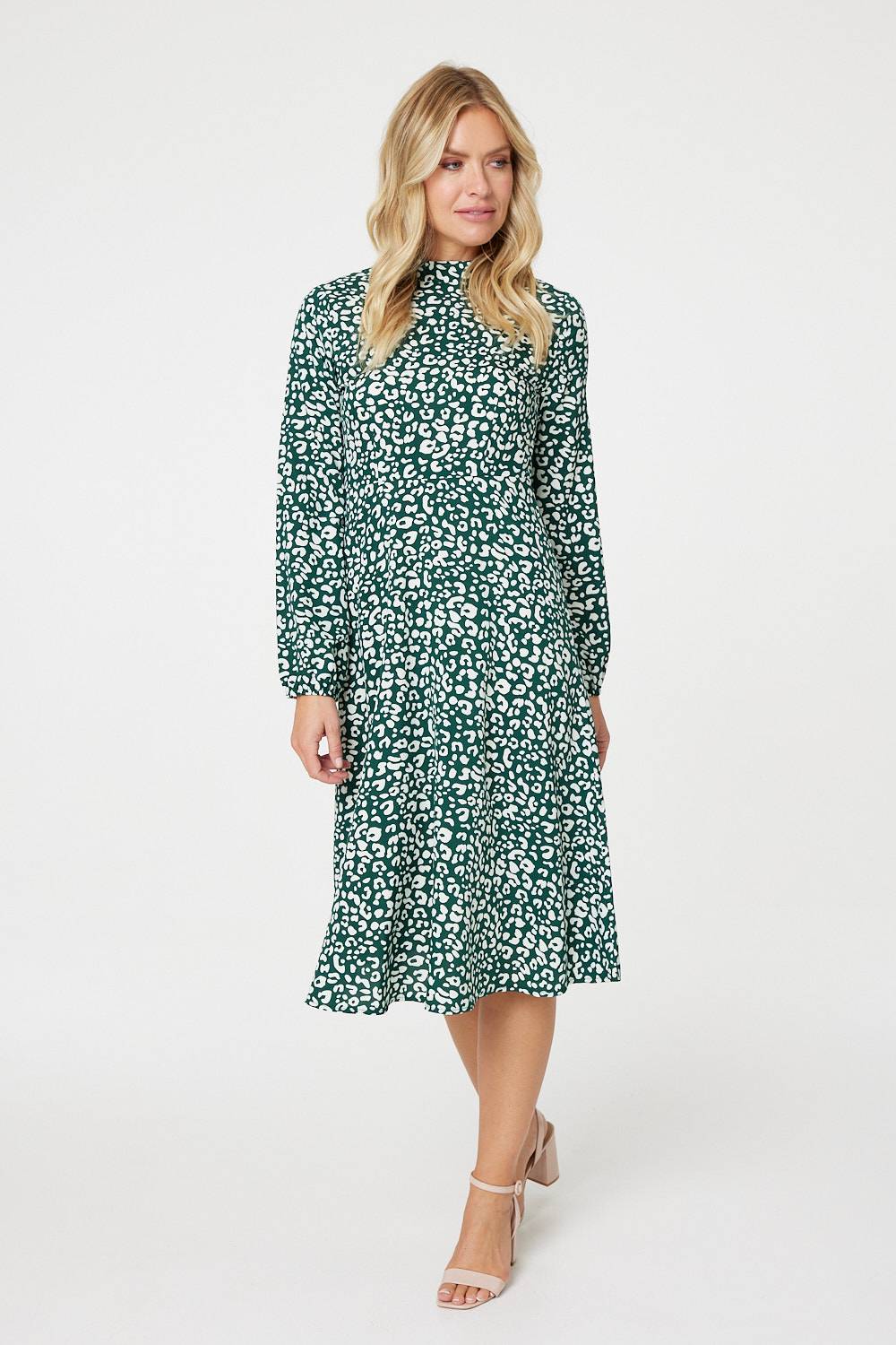 Green | Leopard Print High Neck Tea Dress : Model is 5'10"/178 cm and wears UK8/EU36/US4/AUS8
