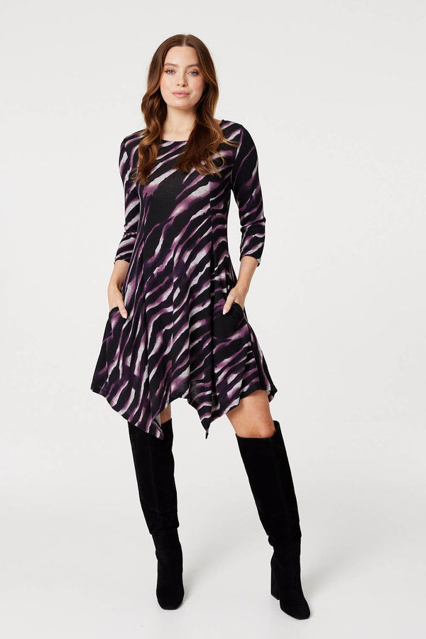 Purple | Printed Hanky Hem Skater Dress