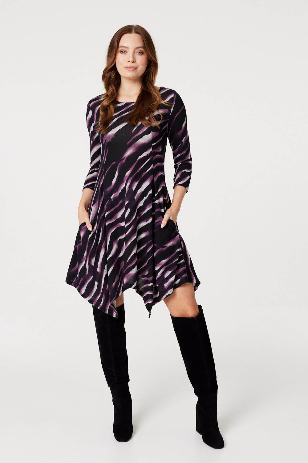 Purple | Printed Hanky Hem Skater Dress