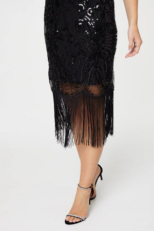Black | Sequinned Fringe Hem Midi Dress