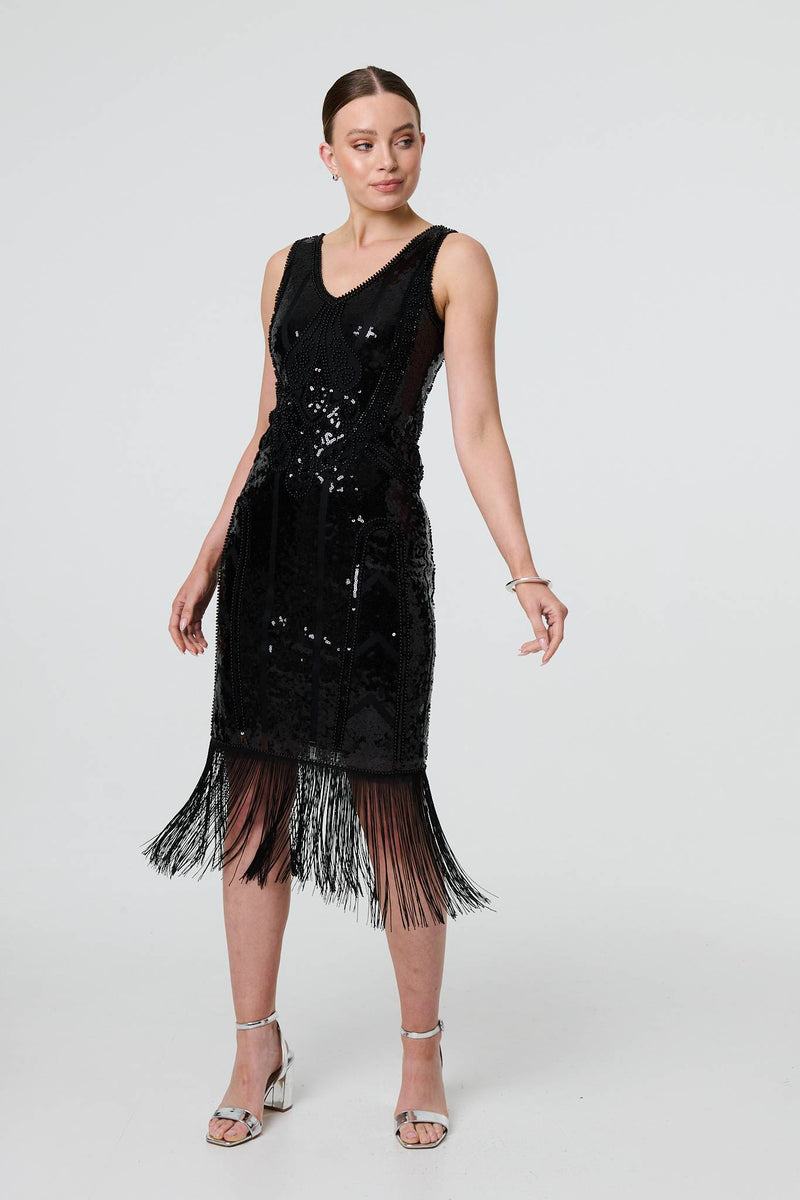 Sequin Embellished Tassel Trim Midi Dress | Izabel London Sequin Embellished Tassel Trim Midi Dress | Izabel London