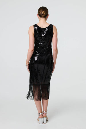 Black | Sequin Embellished Tassel Trim Midi Dress
