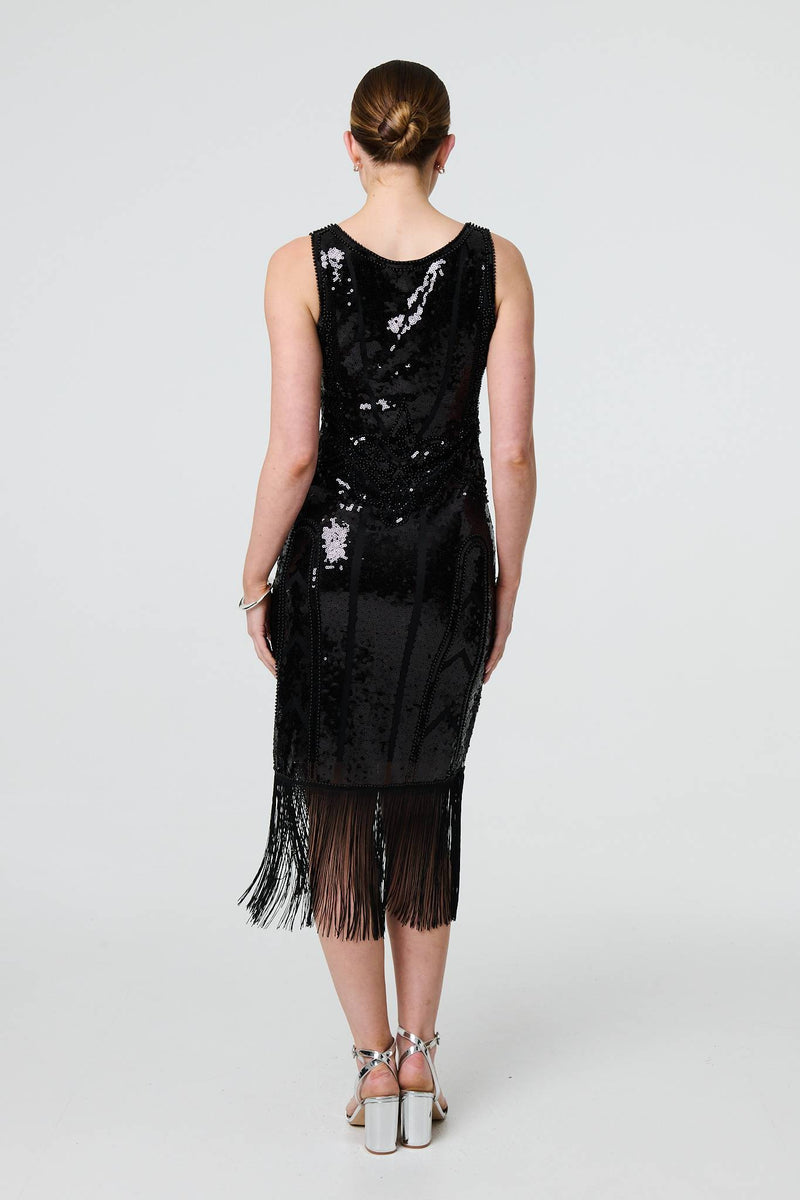 Sequin Embellished Tassel Trim Midi Dress | Izabel London Sequin Embellished Tassel Trim Midi Dress | Izabel London