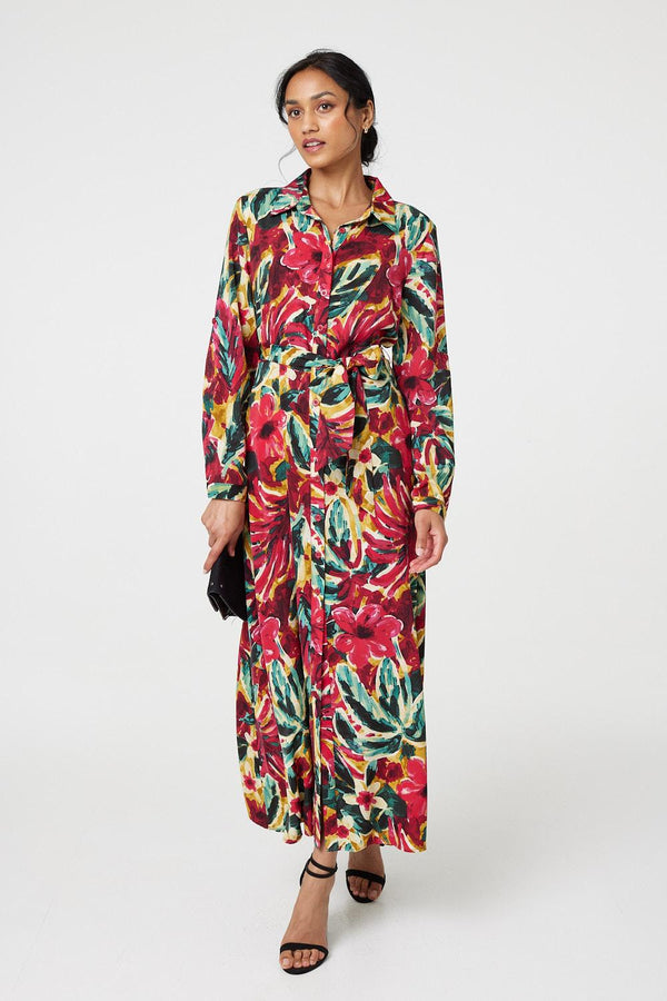 Red | Printed Button Front Shirt Dress
