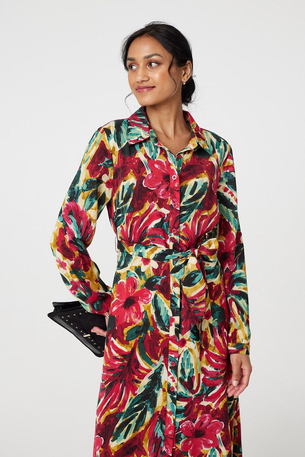 Red | Printed Button Front Shirt Dress
