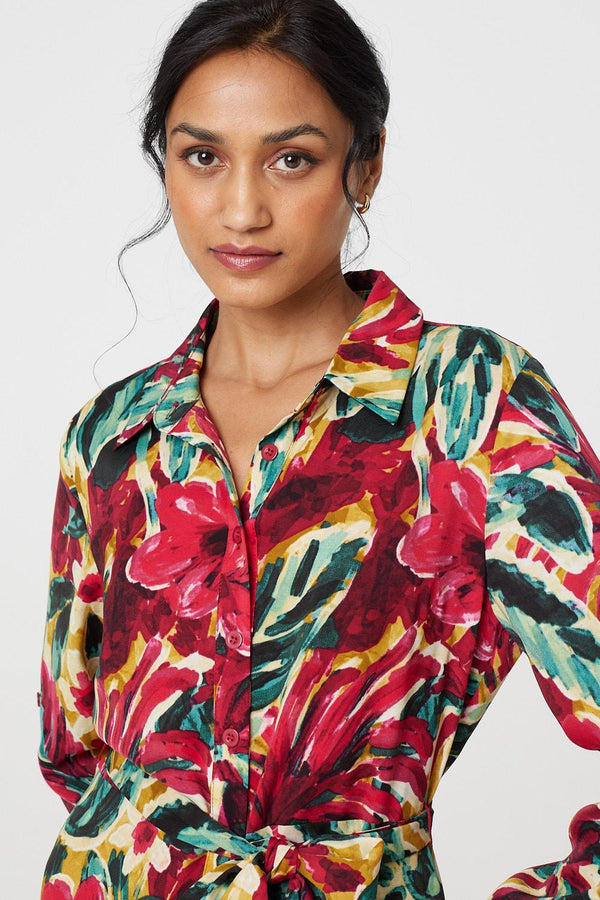 Red | Printed Button Front Shirt Dress
